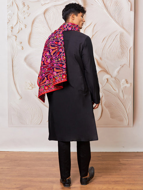 Men's Black Viscose Kurta, Pyjama And Dupatta Set.